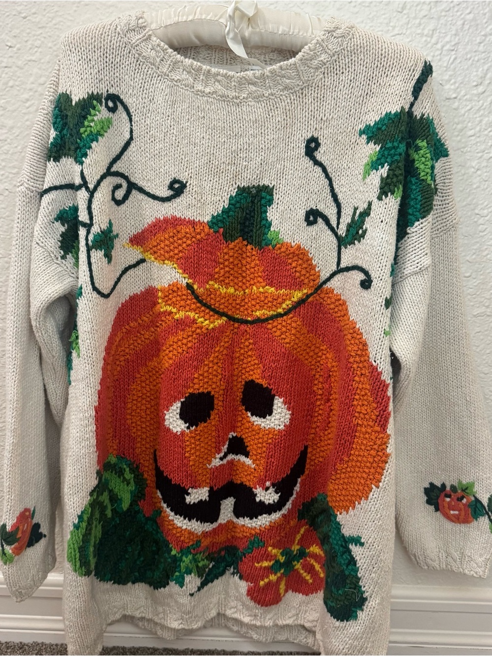 Vintage 90s Honors Halloween Pumpkin Chunky Knit Sweater L Oversized